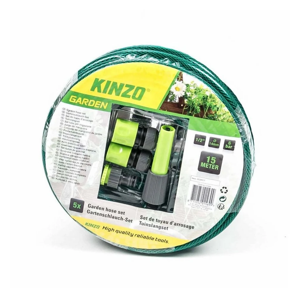 Kinzo Gartenschlauch-Set, 15m, mit Anschluss-Adapter und Spritzdüse